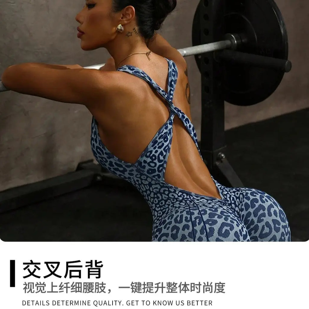 ZHEJIN Leopard Jumpsuit Women Backless Criss Cross Seamless Yoga Romper Scrunch Butt Lifting Workout Bodysuit Gym Fitness Wear - Matrix Studios