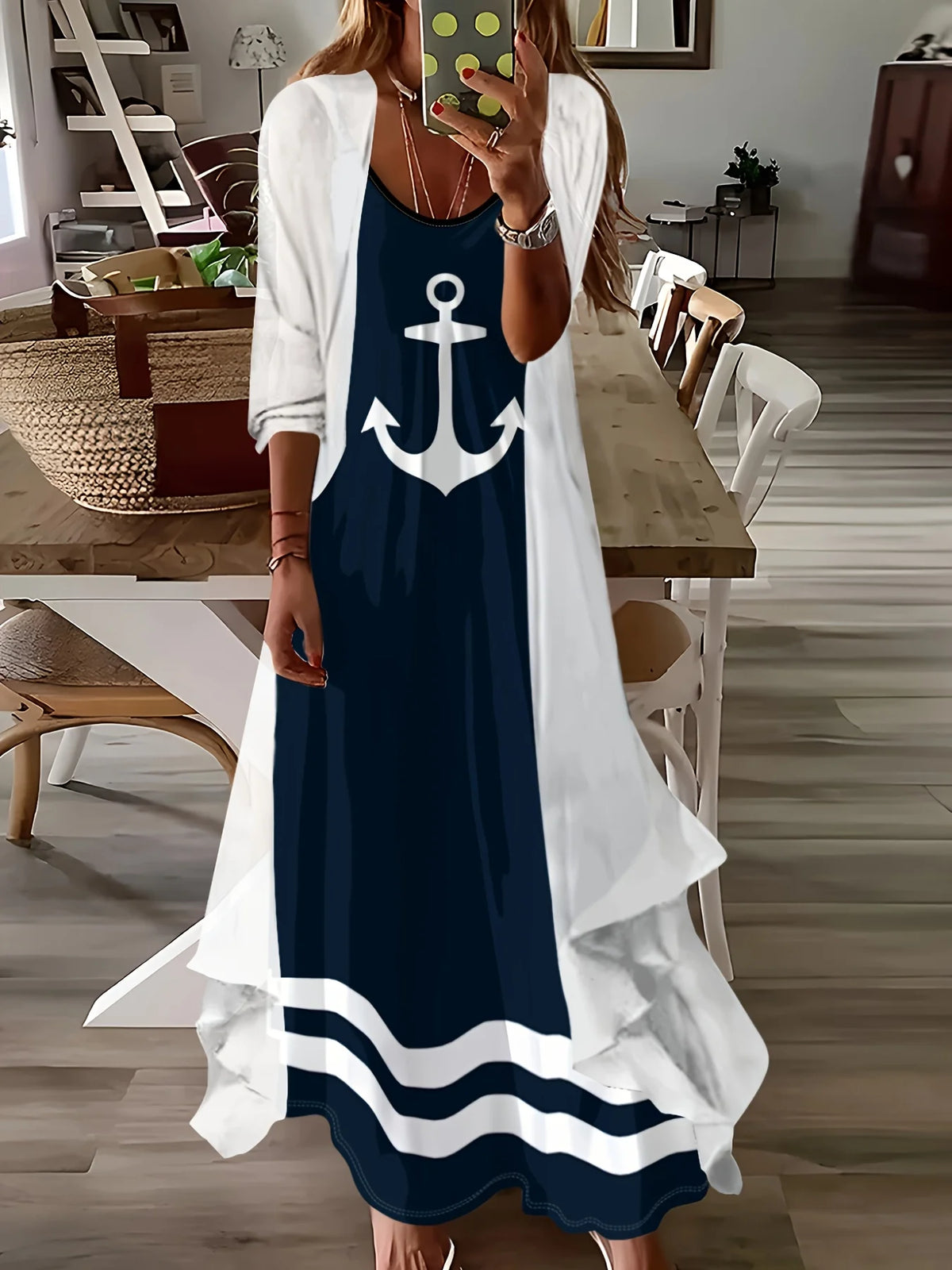 Casual Navy Blue and White Anchor Print Long Sleeve Dress Set for Women Fashion Summer Fall Outfit Matching Two Piece - Matrix-studios.com