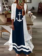 Casual Navy Blue and White Anchor Print Long Sleeve Dress Set for Women Fashion Summer Fall Outfit Matching Two Piece - Matrix-studios.com