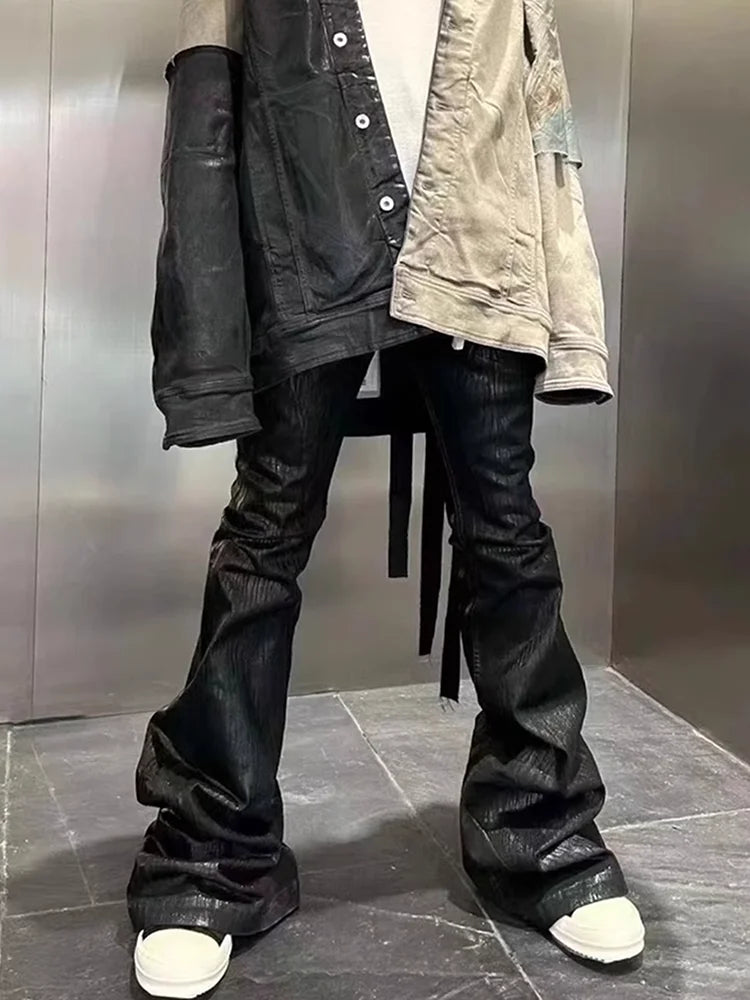 Streetwear Black Wax Leather Strecth Jeans for Men Ropa Hombre Baggy Y2k Flare Pants Oversized Straight Denim Trousers - Matrix Studios