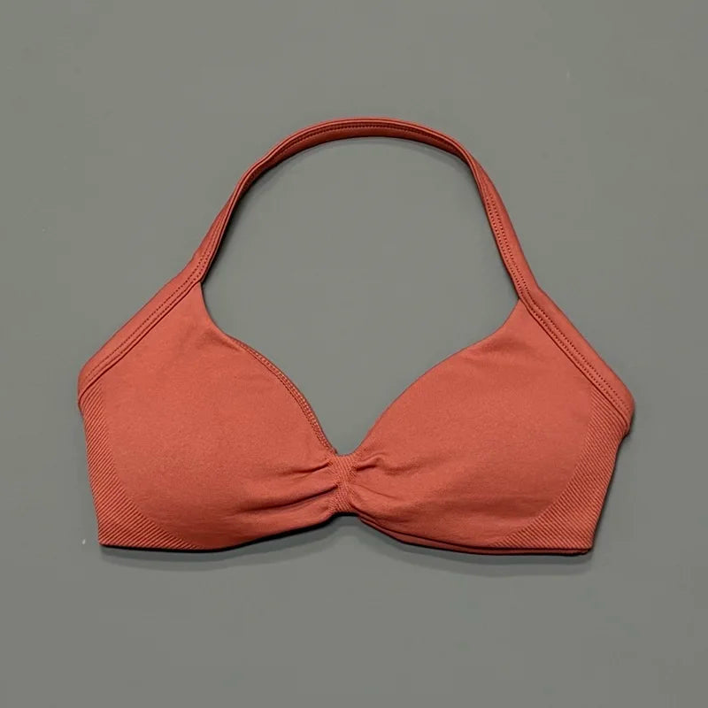 HISTELLO Strappy Bra Gym Top Women High Support Thin Strap Halter Sports Seamless Bras Scrunch Push-up Workout Yoga Tank Tops - Matrix Studios
