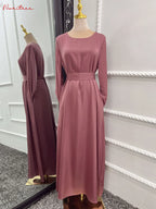 Fashion Sliky Djellaba Muslim Dress Dubai Full Length Flare Sleeved Soft Abaya Dubai Turkey Muslim Islam Robe WY921 - Matrix-studios.com