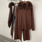 Reality Fur Jacket Pullover Set Woman Spring Knitted Suit Knitwear Female Real Fox Fur Collar Sweater Lady Autumn Knitted New - Matrix Studios