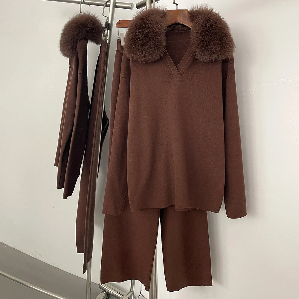 Reality Fur Jacket Pullover Set Woman Spring Knitted Suit Knitwear Female Real Fox Fur Collar Sweater Lady Autumn Knitted New - Matrix Studios