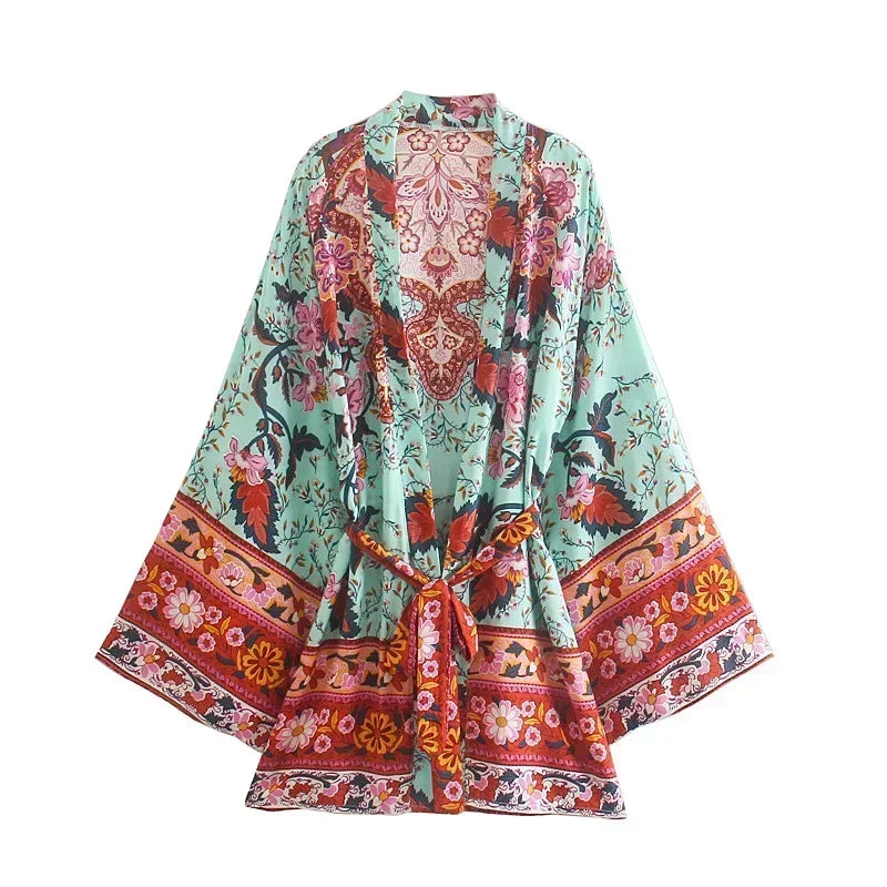 Boho Queens Vintage Peacock Floral Print Sashes Beach Kimono Women Bohemian Wrap Batwing Sleeves Holiday Bikini Cover-ups - Matrix Studios