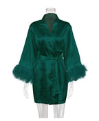 White Bride Wedding Robe with Feathers Women Satin Peignoir Sexy Bridesmids Kimono Gowns Short Bathrobe Bridal Intimate Lingerie - Matrix-studios.com