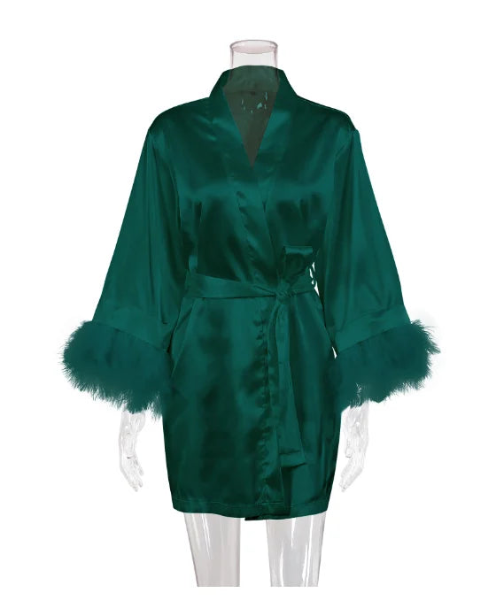 White Bride Wedding Robe with Feathers Women Satin Peignoir Sexy Bridesmids Kimono Gowns Short Bathrobe Bridal Intimate Lingerie - Matrix-studios.com