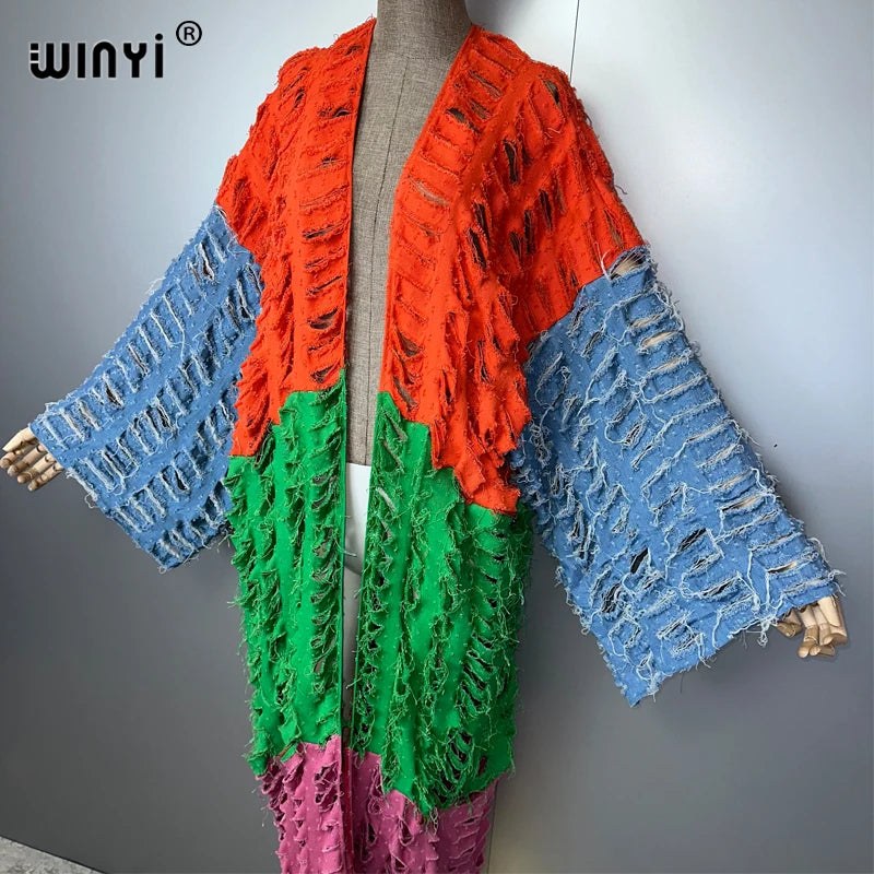 WINYI Kimono Colored Denim Cardigan Maxi Dress Beach Wear Cover-Up Abaya Dubai Luxury Beach Outfits for Women Broke Jeans Coat - Matrix Studios