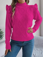 Fall Mushroom Edge Long Sleeve Stand Up Collar Sweater for Women Stylish Loose Solid Color Pullover Casual Ruffled Sweaters Tops - Matrix Studios