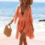 Lightweight Breathable Tassel Tie Up Cardigan, Beach Vacation Bikini Cover-Up Dress, Sexy Fitted Style, Plain Pattern - Matrix Studios