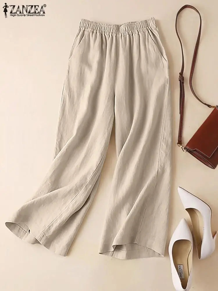 ZANZEA-Summer Women Pants Cotton Linen Elastic Waist Wide-Leg Trousers Casual Lightweight Solid Palazzo Pantalones Woman Bottoms