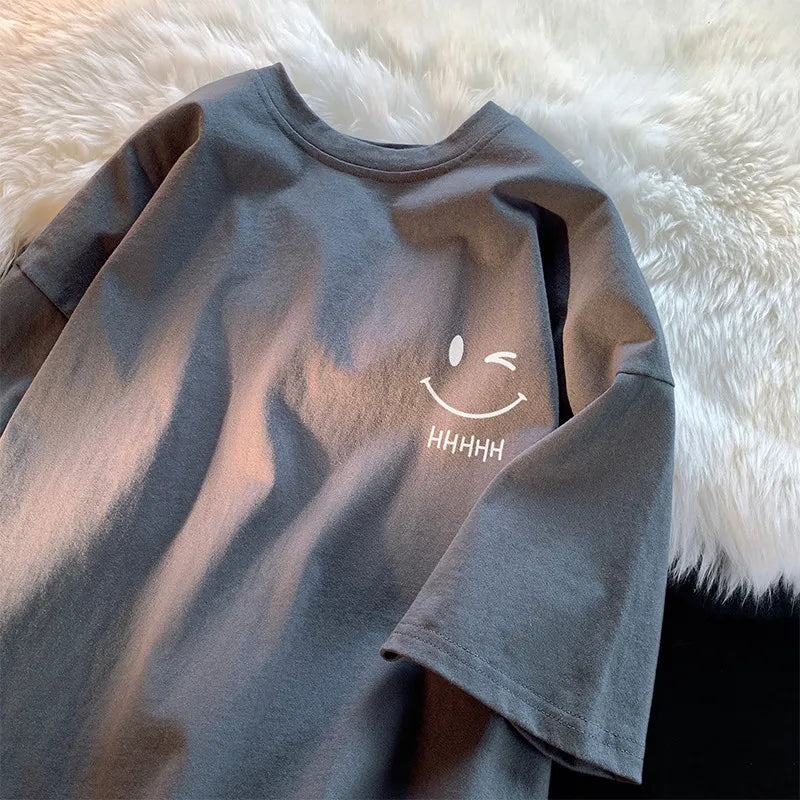 Men Women's Smiling Face Funny Fashion Couple Short Sleeved T-shirt American Basic Simple Oversized Loose Boys' Pullover Top - Matrix-studios.com