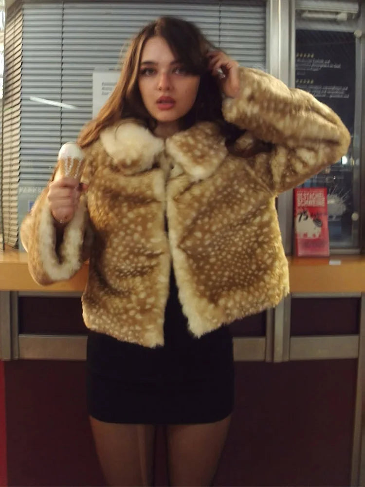 Retro Faux Fur Short Coat Women Elegant Casual Plush Lapel Single Breasted Coats Female 2025 Winter Classic Chic Street Outwear - Matrix Studios