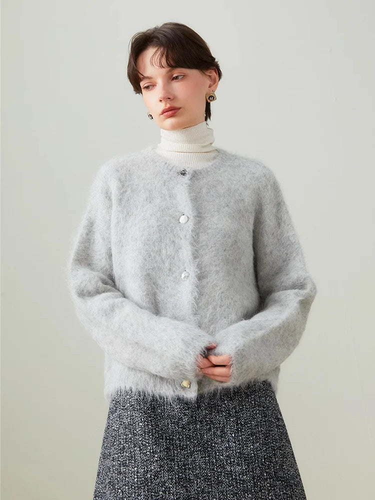 SuyaDream, Women Cardigans, 78%Alpaca, O Neck, Single breasted Solid Sweaters, 2025 Fall Winter Warm Jackets, White, Grey, Pink - Matrix Studios