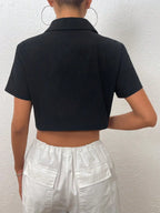 Women's Black POLO Collar Zipper Short T-shirt Cardigan Spring Summer 2025 Design Niche All-match Short Top for Casual Wear