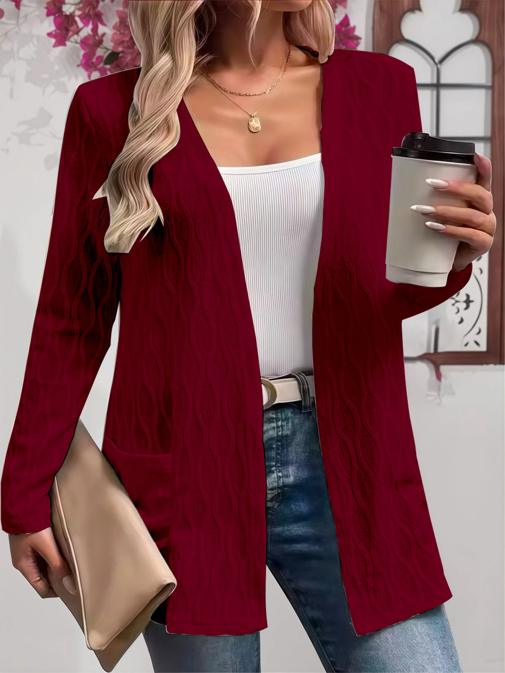 Comfy Fall Cardigan for Women, Casual Elegant Solid Textured Fabric Pocket Front Open Women's Loose Cover Up - Matrix Studios