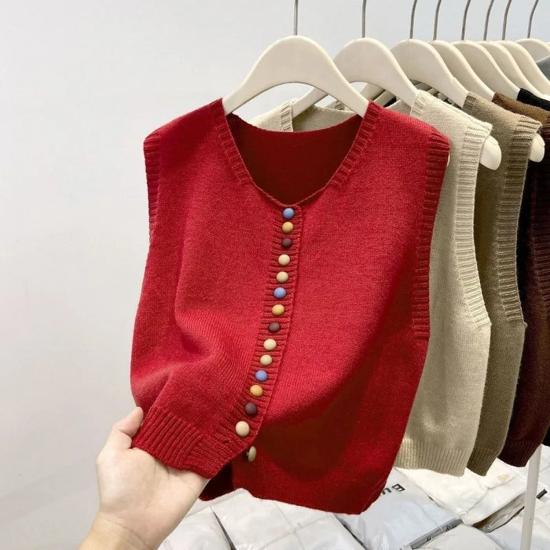 Sweater Vest Autumn Women Rainbow Single-breasted Button Soft Sweater Loose Knit Vest V-neck Knitwear Cardigan Lady Waistcoats - Matrix Studios
