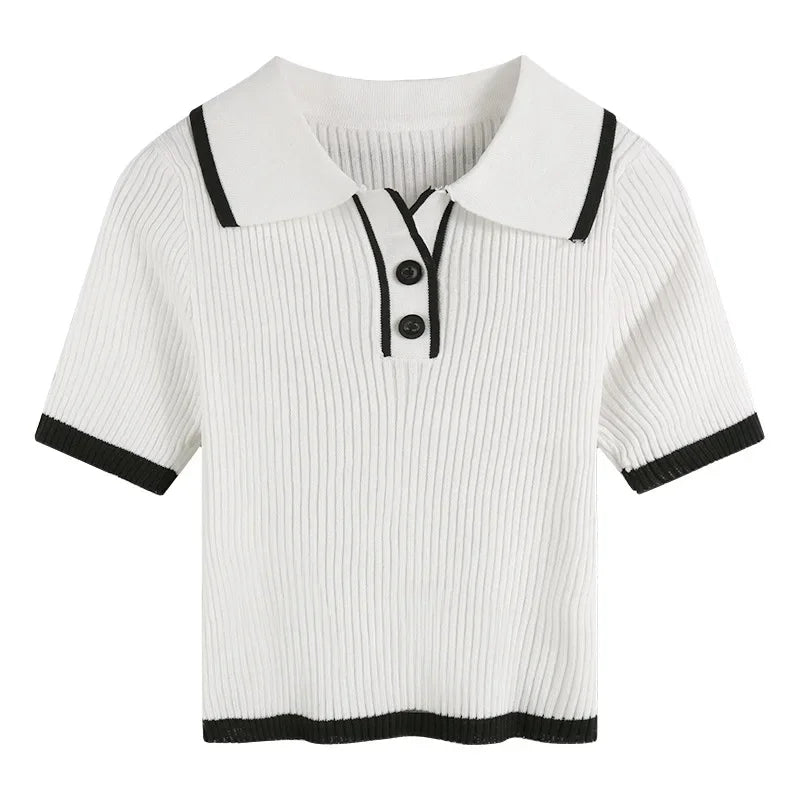 Short Sleeves Polo Collar Knitted T-shirt Women Contrast Color Rib-knit Crop Top Polo Shirt Summer SchoolGirl Preppy Outfit - Matrix-studios.com