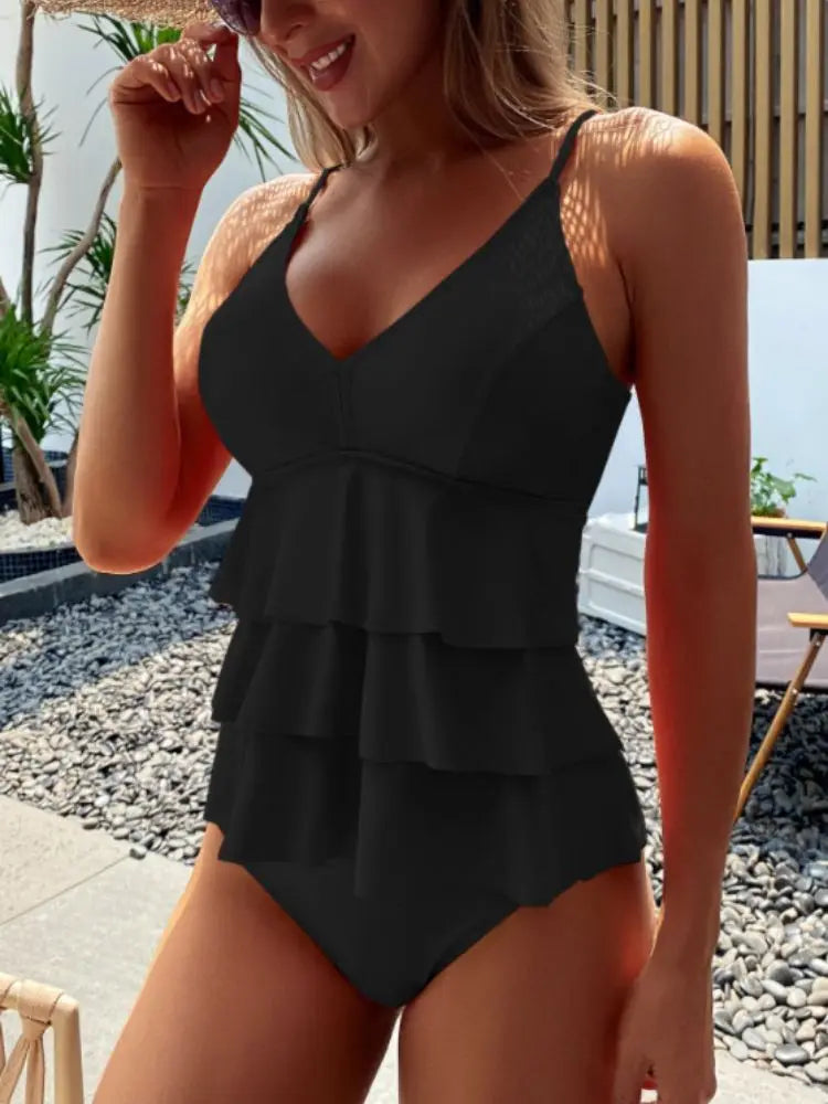 Cikini-Layered Hem Tankini Swimsuit for Women, Monochromatic, Two-Piece, Summer Beach Swimwear, Bathing Suit - Matrix-studios.com