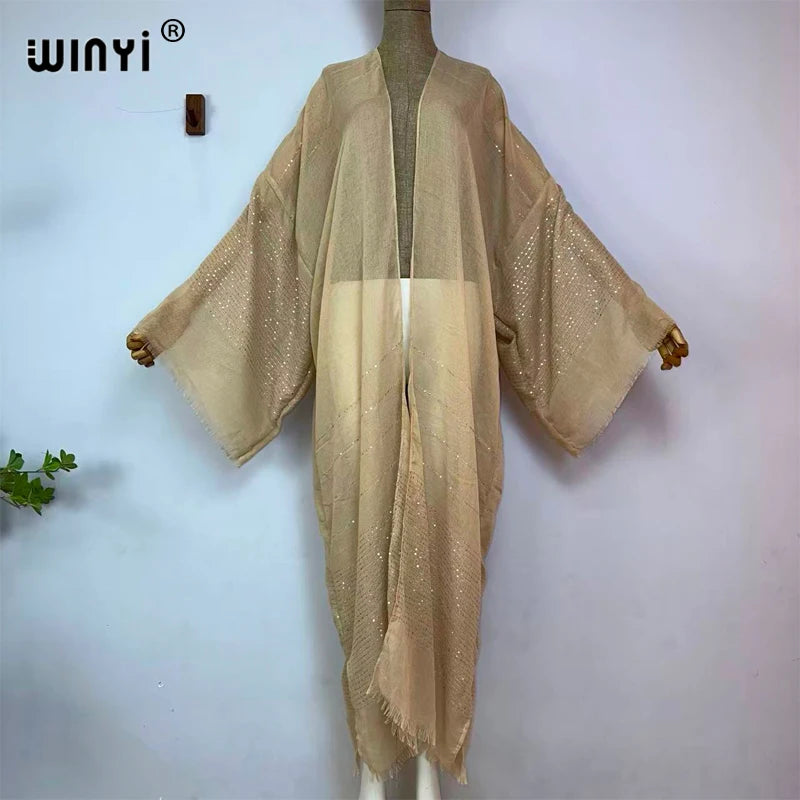 WINYI Solid color design Beach Wear Swim Suit Middle East abaya dubai luxury Women Cardigan Holiday Long Sleeve Kimono Dress - Matrix-studios.com