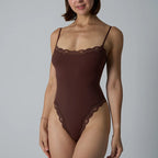 VITALINOVO Women Square Neck Lace Trim Bodysuit High Cut Thong Spaghetti Strap Cami Bodysuit Double Layer Going Out Tank Tops - Matrix-studios.com