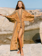 Bohemian Printed Bikini Cover-ups Elegant Self Belted Kimono Dress Tunic Women Plus Size Beach Wear Swim Suit Cover Up Q1228 - Matrix Studios