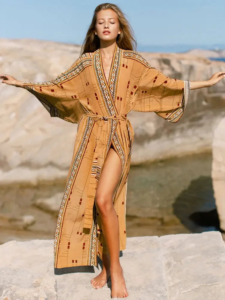 Bohemian Printed Bikini Cover-ups Elegant Self Belted Kimono Dress Tunic Women Plus Size Beach Wear Swim Suit Cover Up Q1228 - Matrix Studios