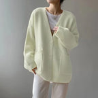 2024 Chic Yellow Sweater Cardigan Women Lazy Wind Single-Breasted Knitted Cardigan Women Solid V Neck Cardigans Female - Matrix Studios