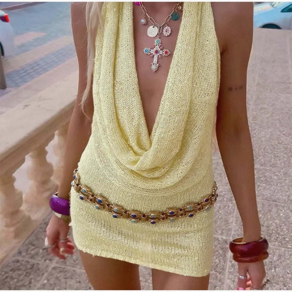 Summer Beach Vacation Pool Party Swimsuit Cover Up Sexy Backless Hollow Out Dress Fashion Knitting Tie Up Short Dress - Matrix Studios