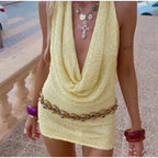 Summer Beach Vacation Pool Party Swimsuit Cover Up Sexy Backless Hollow Out Dress Fashion Knitting Tie Up Short Dress - Matrix Studios