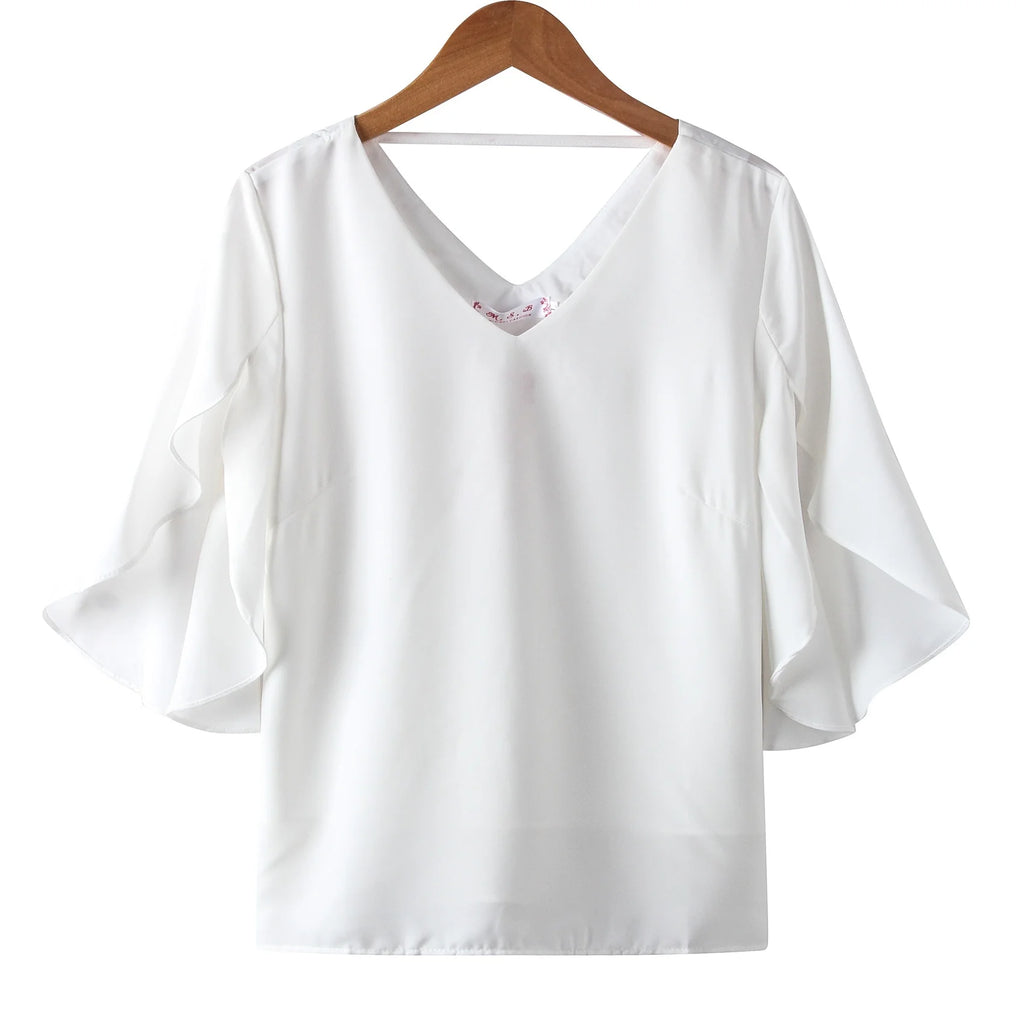 Women Chiffon Short Sleeve Shirt Sexy V-neck Loose Ruffled Chiffon Blouse. - Matrix-studios.com