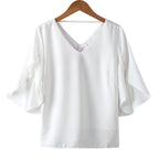 Women Chiffon Short Sleeve Shirt Sexy V-neck Loose Ruffled Chiffon Blouse. - Matrix-studios.com