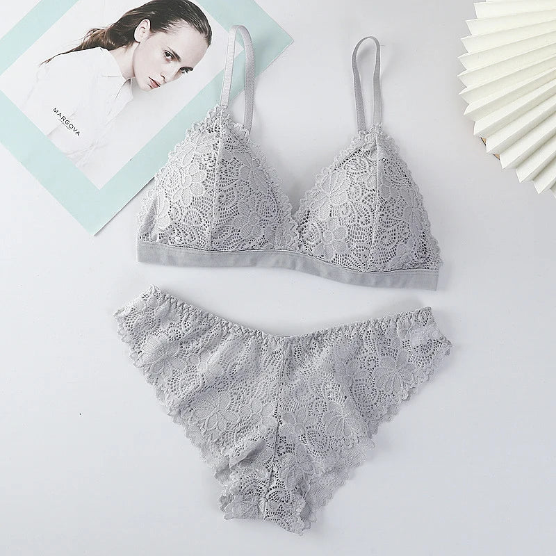 Women Lace Bra And Panties Set V-neck Push Up Bralette Sexy Lingerie Low Waist Briefs Female Non-wire Brassiere Underwear Set - Matrix-studios.com