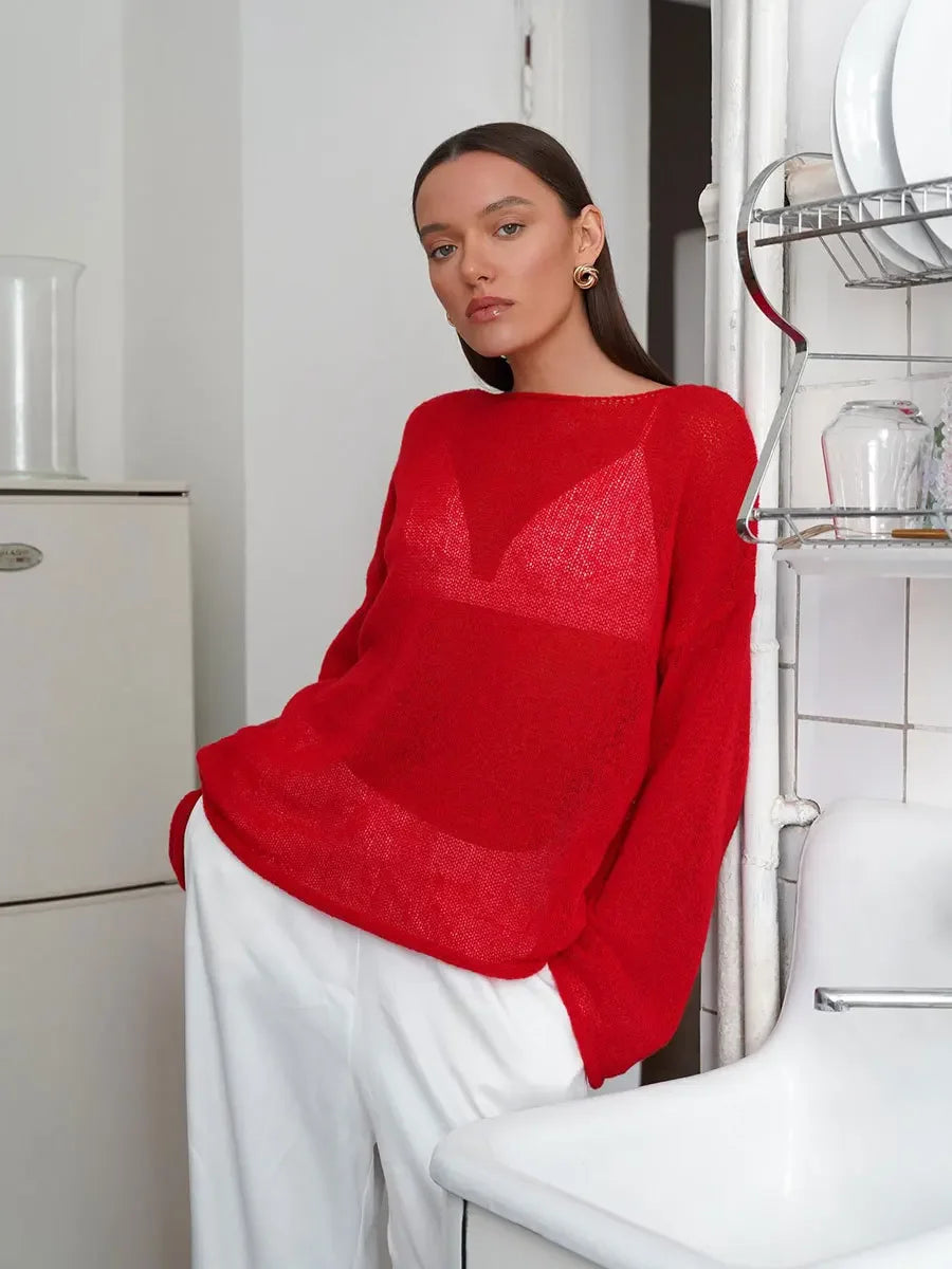 Talenza Hollow Knitted Sweater Pullover Women's Solid See-through O-Neck Long Sleeve Knitted T-Shirt Loose Casual Pullover 2026 - Matrix Studios