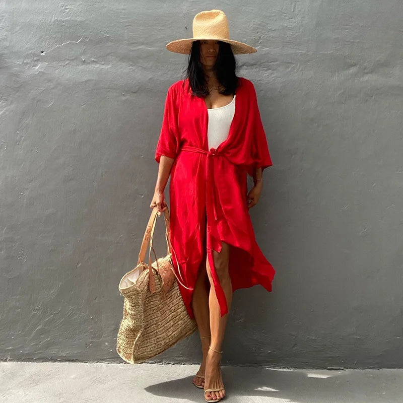 Beach Cover Up Kimono Women Summer 2022 New Pareo Swimsuit Cape Solid Bohemian Tunic Dresses Bathing Suits Dropshipping - Matrix Studios