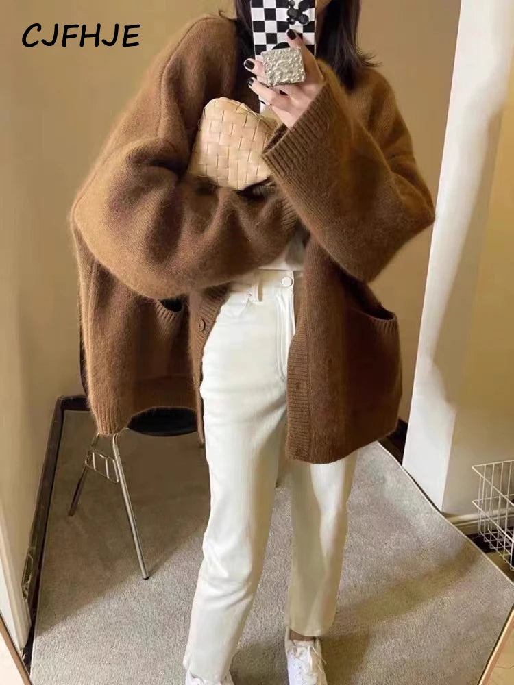 CJFHJE Beige Pockets Knitted Sweater Coats Women Loose Single-breasted V-neck Purple Cardigan Female Autumn Casual Red Cardigans - Matrix Studios