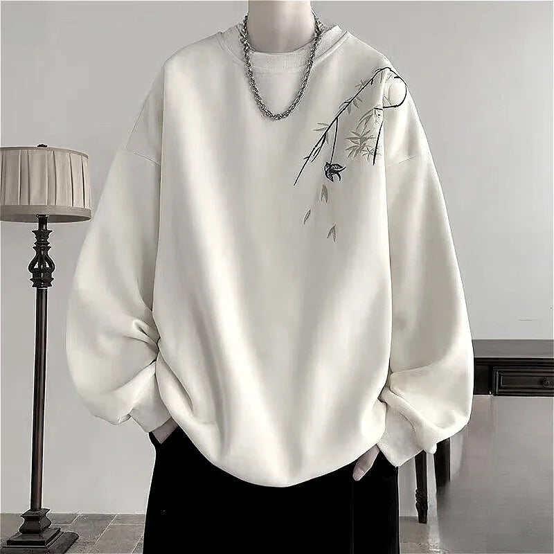New Chinese Bird Print M-8XL Men Oversized Sweatshirt Fashion Loose Long Sleeve Couple Clothes - Matrix Studios