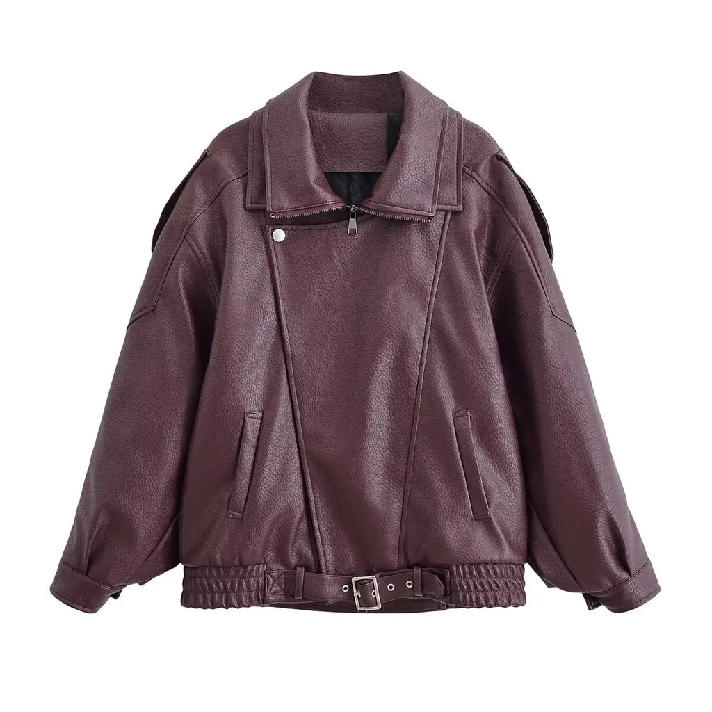 HH Autumn Faux Leather Jacket For Women Casual Solid Long Sleeve Zipper Pu Leather Coats New Fashion Female Streetwear - Matrix Studios