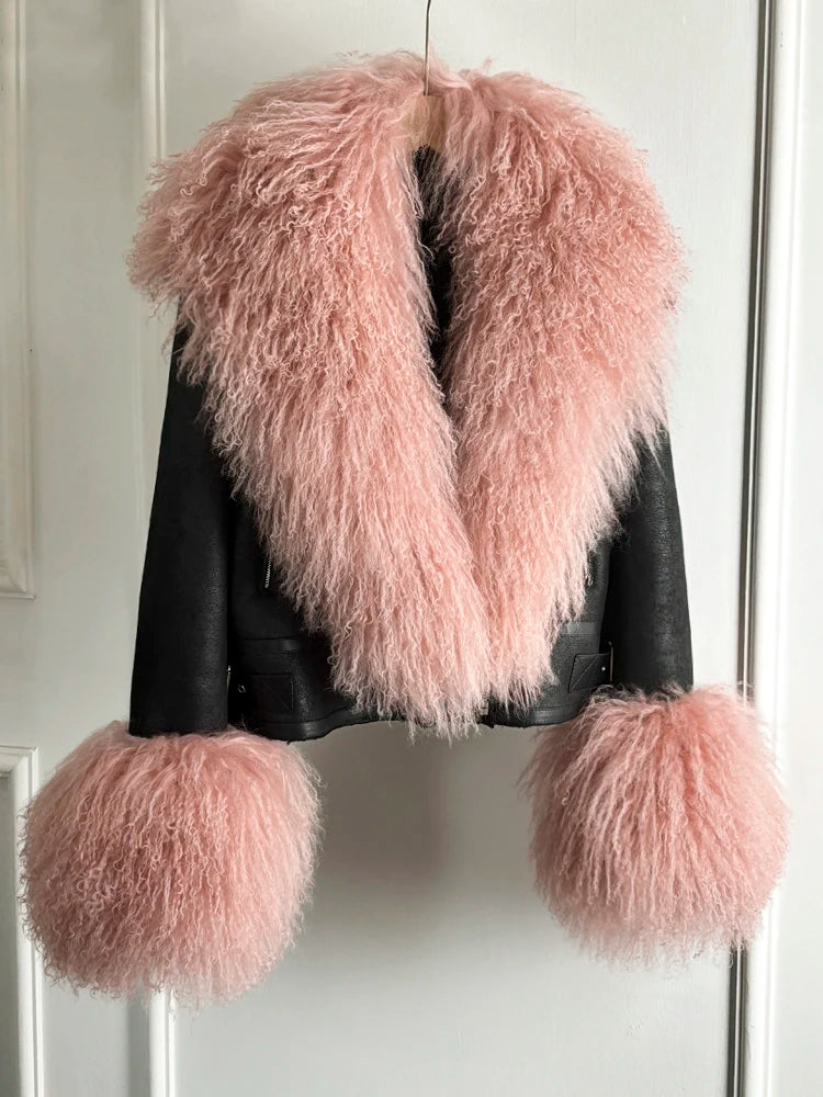 Janveny Luxury Natural Mongolian Sheep Fur Coat Women Winter Short Faux Leather Jacket Female Moto Biker Thick Outwear - Matrix Studios