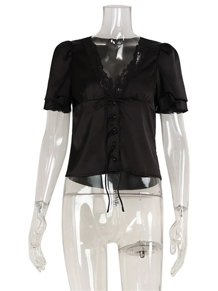 Tossy Lace Summer V-Neck T-shirt Top For Women Lace-Up Hollow Out Short Sleeve Printed Cropped Top Pullover Female Bandage Tee - Matrix-studios.com