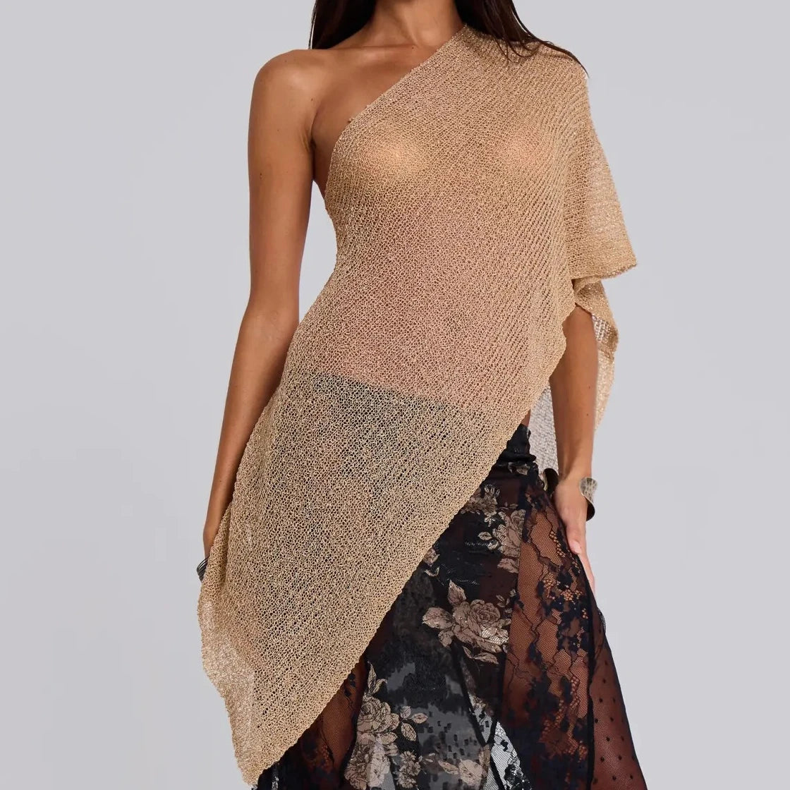 Asymmetrical Women's Knit Sheer Crop Tops Summer One Sleeve Slash Neck Trendy Irregular T-shirt - Matrix Studios