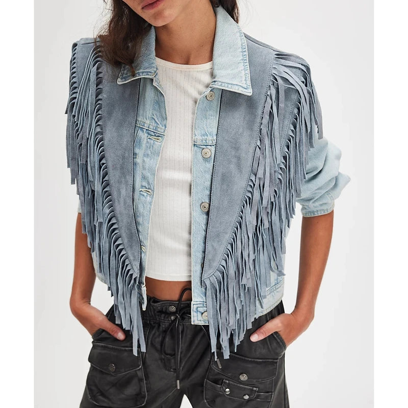 Combhasaki Women's Y2k Vintage Studded Suede Vest Coat 70s Hippie Outfits Sleeveless Open Front Tassel Patchwork Vest Collar - Matrix Studios