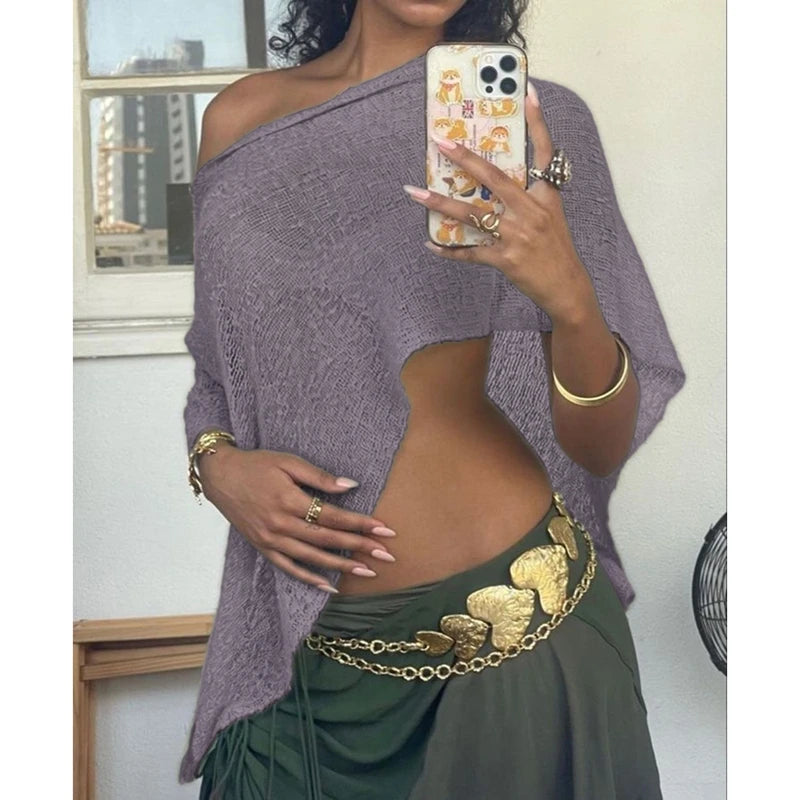 Combhasaki Women Knitwear Bikini Cover-up See-through Solid Off Shoulder Irregular Triangle Hem Loose Pullover Summer Beach Tops - Matrix Studios