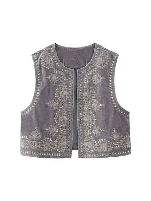 Vintage Autumn Velvet Embroidered Vest Sleeveless Jacket Women V Neck Chic Waistcoats Female Fashion Vests Coat 2023 - Matrix Studios