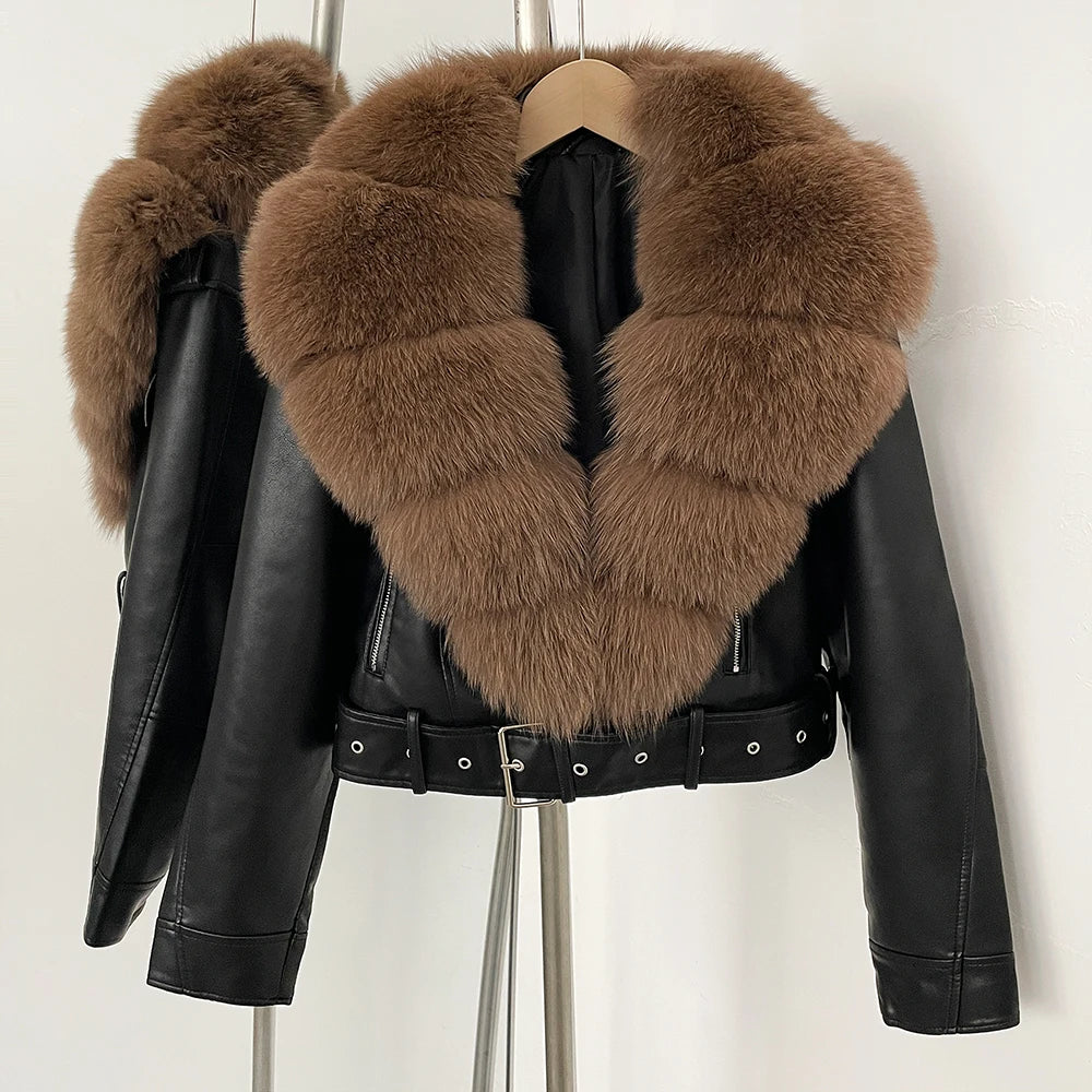OFTBUY Natural Fox Fur Faux Leather Jacket Female New Autumn Short Top Clothing Women Long Sleeve Fake Leather Real Fur Coat - Matrix Studios