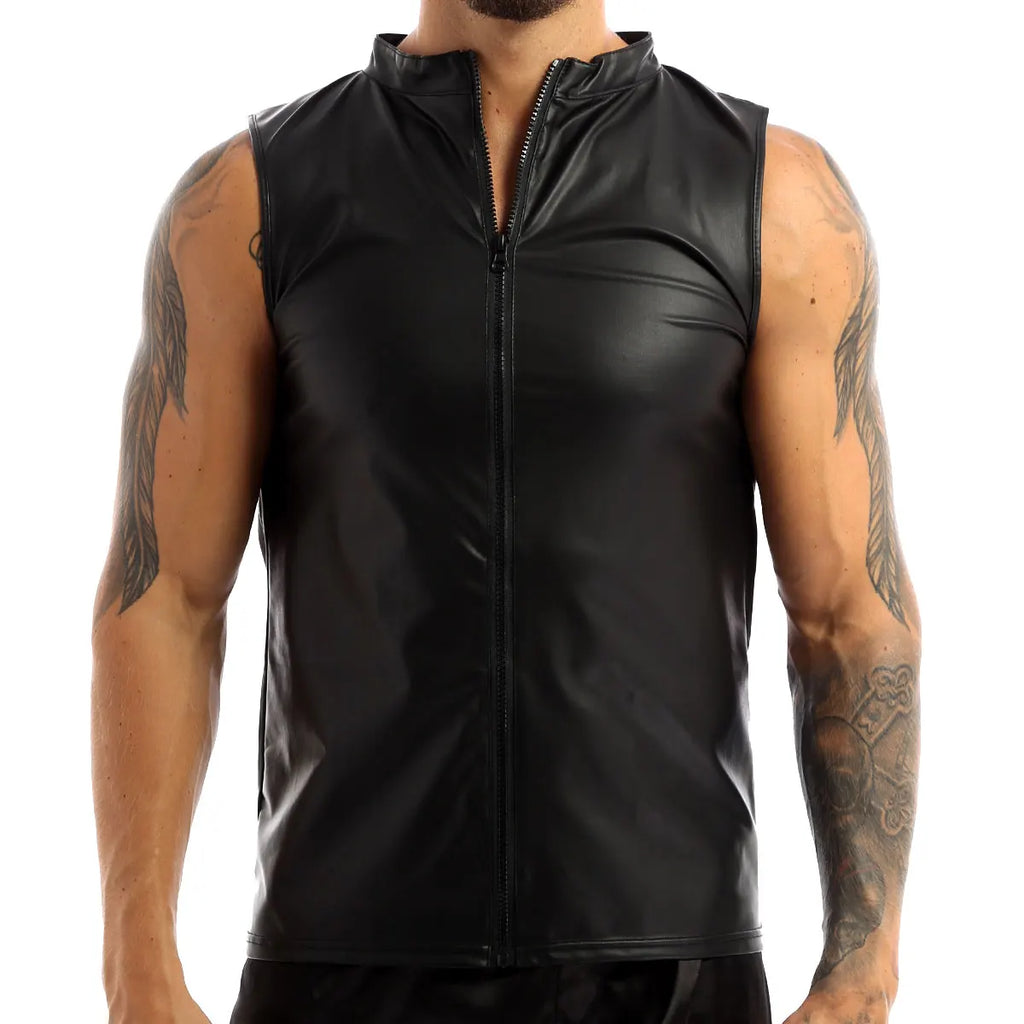 Men's Leather Vest Elastic Fashion PU Leather T-Shirts Biker's Tank Tops Streetwear - Matrix Studios