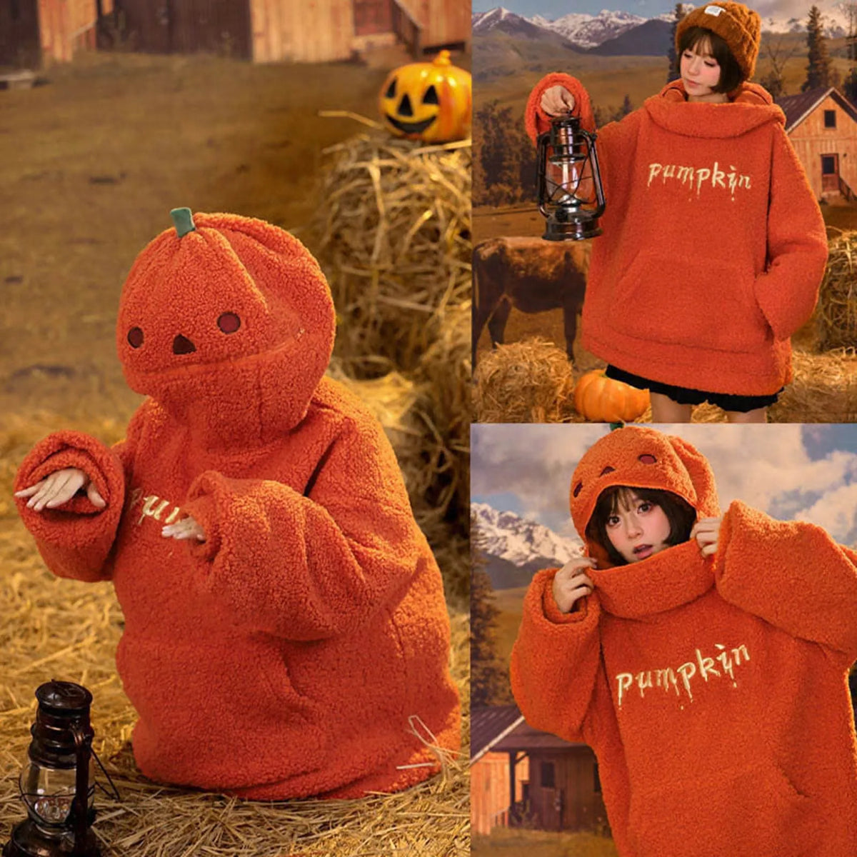 Women's Halloween Pumpkin Shaped Hoodie Autumn Round Neck Hooded Sweatshirt Double-Faced Fleece Cute Halloween Sweater Tops - Matrix Studios