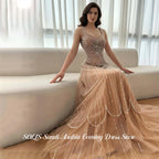 SOLIS Champagne Prom Dresses Spaghetti Strap Gala Dresses Sleeveless Saudi Arabic Glitter Sequin Evening Party Gown Customized - Matrix Studios