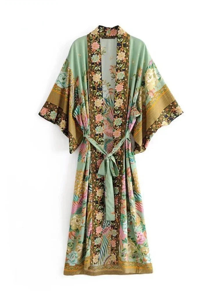 Peacock Floral Print Bat Sleeve Beach Bohemian Kimono Robe for Women Ladies Beachwear Summer Dress Bikini Boho Cover-ups - Matrix Studios