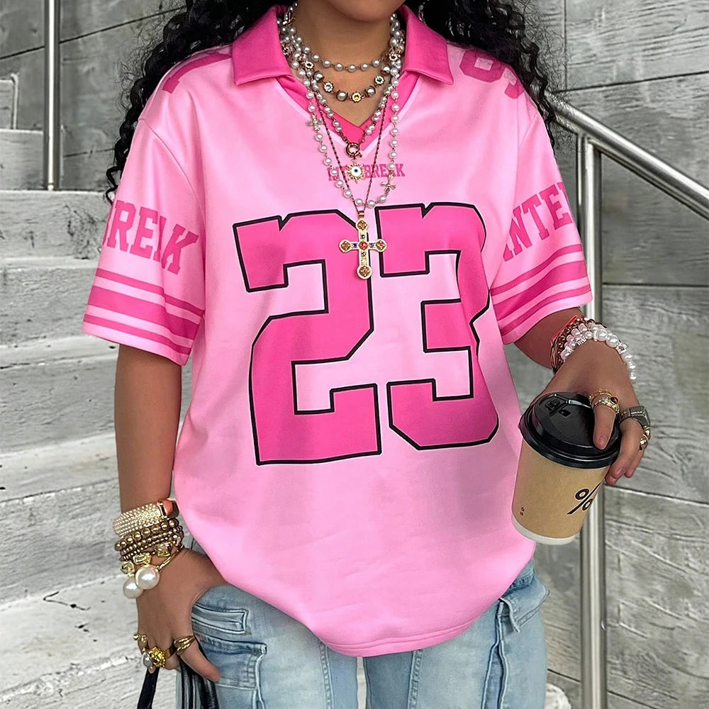 Summer Women's New No.8 Oversized Short sleeved T-shirt Street Y2K Fashion Leisure Sports Jersey Men Letter Printed Polo Shirt - Matrix-studios.com